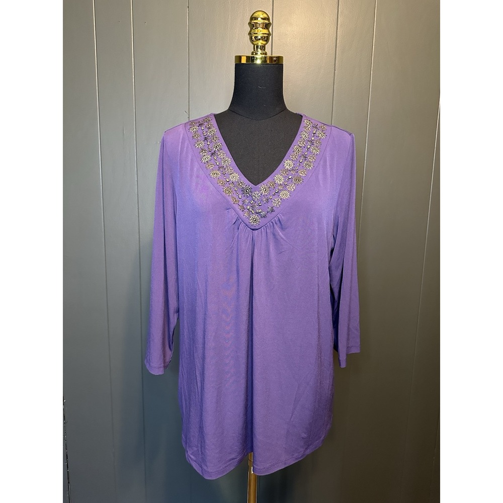 Susan Graver Top Womens L Liquid Knit Dark Purple‎ Beaded V Neck Tunic Stretch